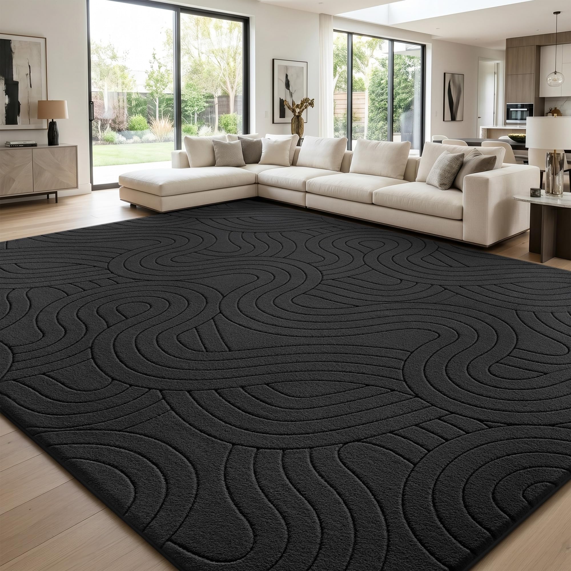 Sour Lemon Rugs Living Room Bedroom 200 x300 cm, Black Large Modern Wave Area Rug Soft 3D High-Low Pile Carpet， Anti Slip Machine Washable Short Pile Mat Rug for Kids Room Office Decor