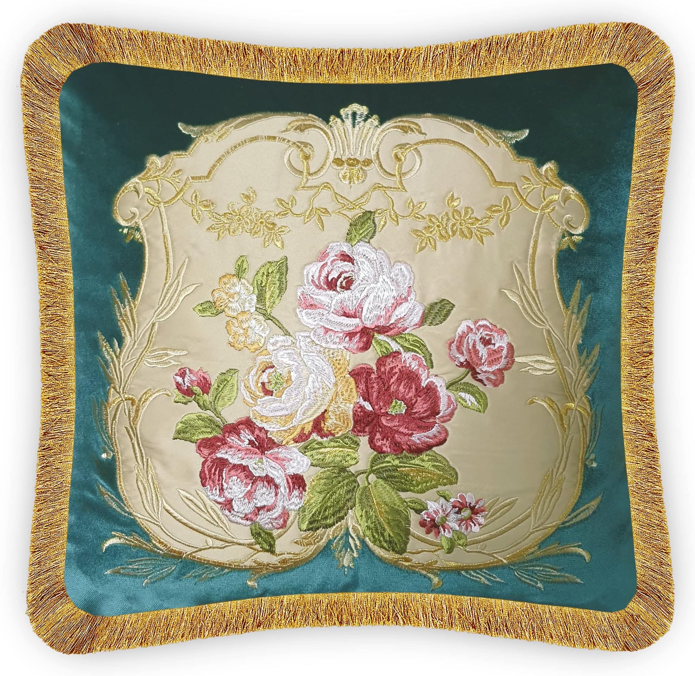 VellatoVelvet Cushion Cover Aubusson Rose Decorative Pillowcase Floral Bouquet Embroidery Throw Pillow for Sofa Chair Red 45x45 cm 18x18 Inches Turquoise