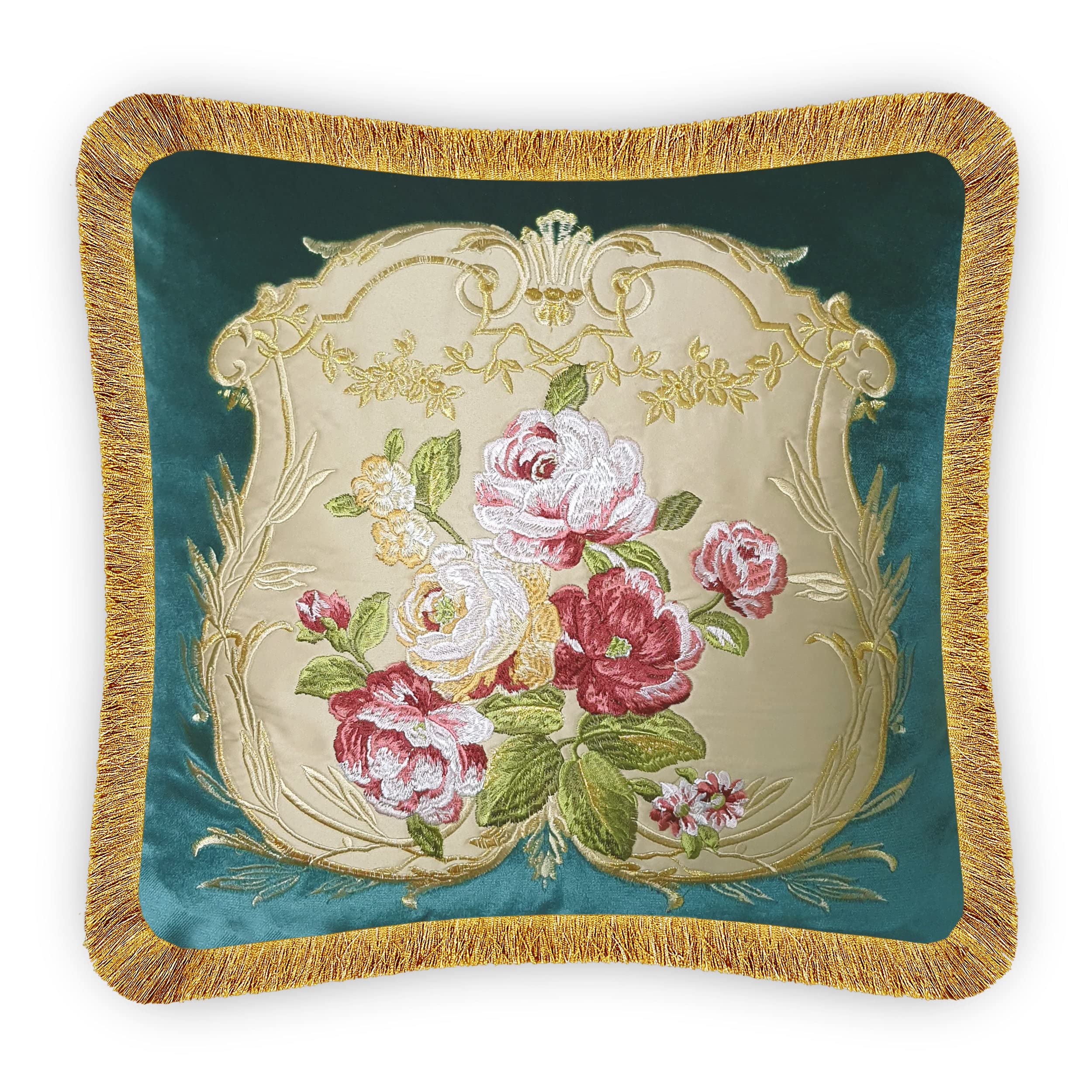 VellatoVelvet Cushion Cover Aubusson Rose Decorative Pillowcase Floral Bouquet Embroidery Throw Pillow for Sofa Chair Red 45x45 cm 18x18 Inches Turquoise