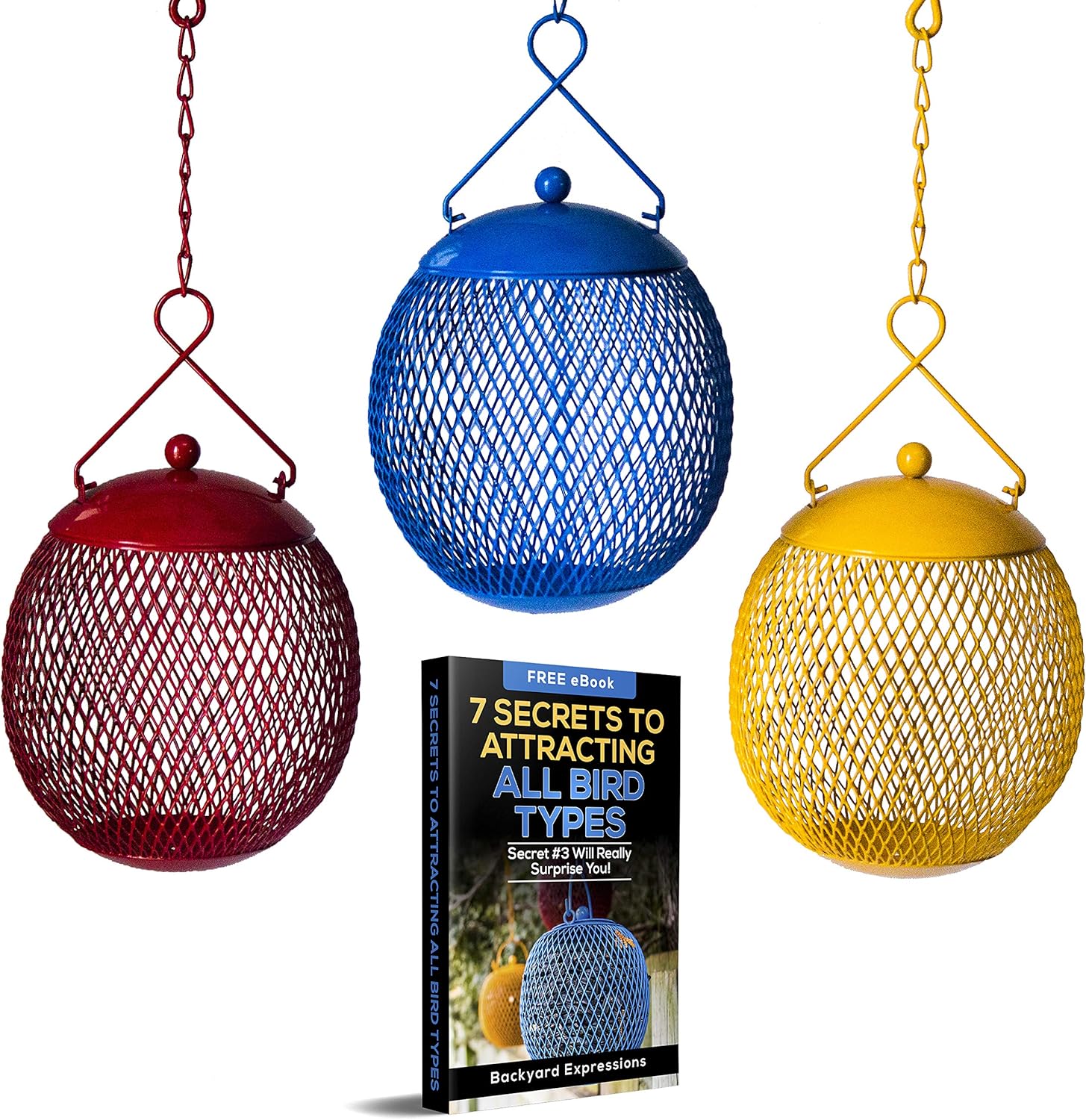 Backyard Expressions 3-Pack Squirrel-Resistant Metal Mesh Bird Feeders - Red Blue Yellow - Attract Cardinals Finches Songbirds All-Weather Durable