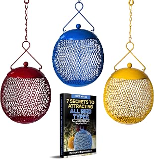 Backyard Expressions 3-Pack Squirrel-Resistant Metal Mesh Bird Feeders - Red Blue Yellow - Attract Cardinals Finches Songbirds All-Weather Durable