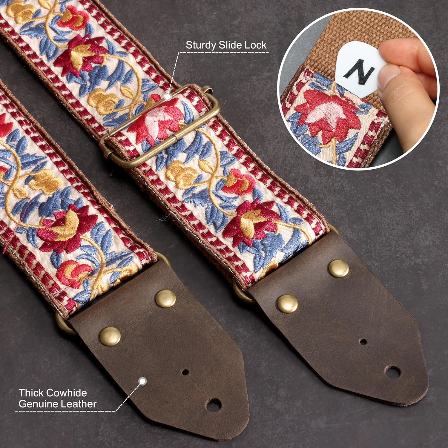 Nefelibata Guitar Strap,Jacquard Embroidery Cotton Guitar Straps with Crazy Horse Leather Ends for Bass, Electric & Acoustic, Best Gifts for Guitarists(Elegant Red Flower Embroidery)
