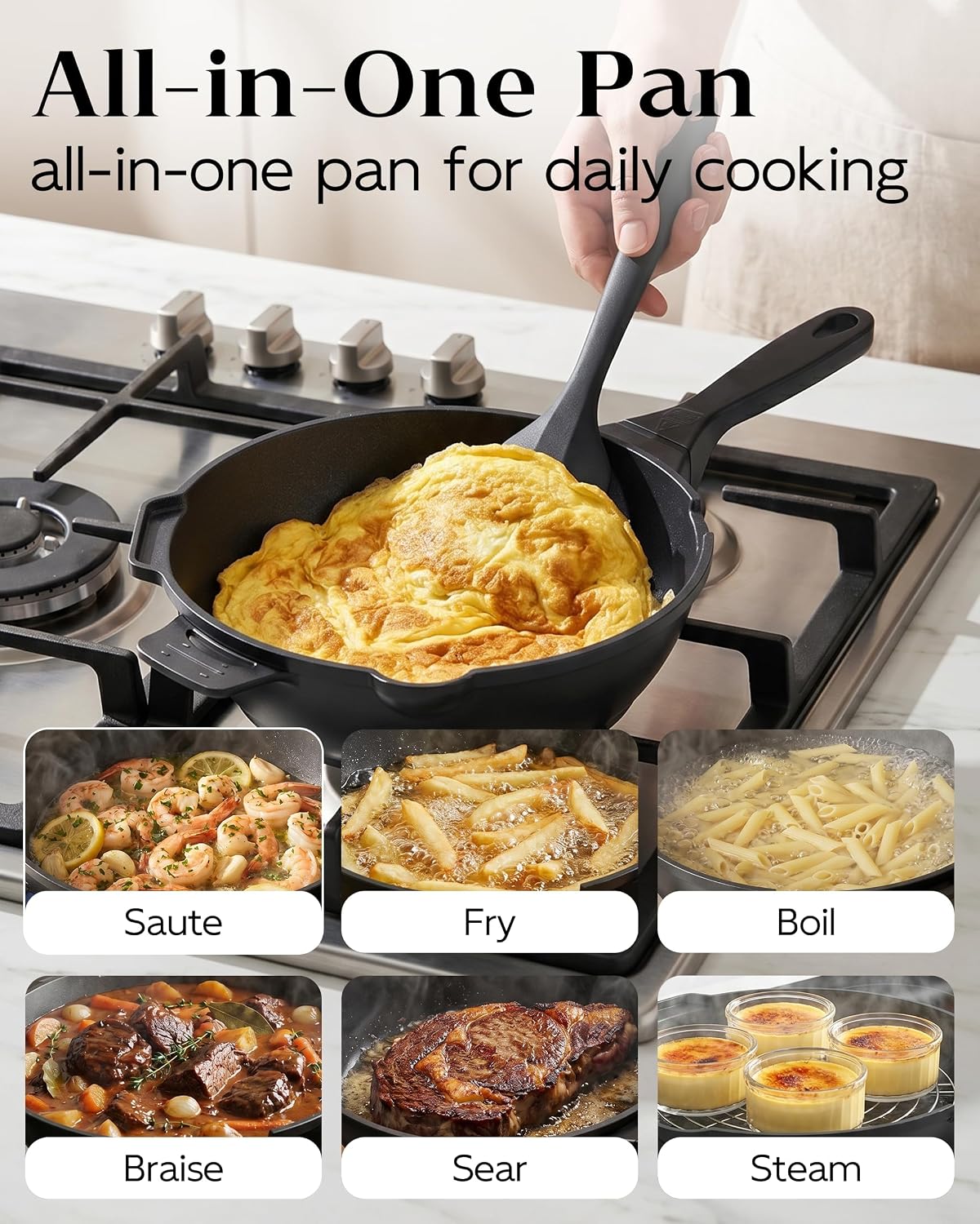 FDN 10 in 1 Saute Pan With Lid, 10 Inch Frying Pan With Deep Fry Basket, Non Toxic PFAS-Free Cooking Pan, Induction Oven & Dishwasher Safe, Black For Daily Cooking