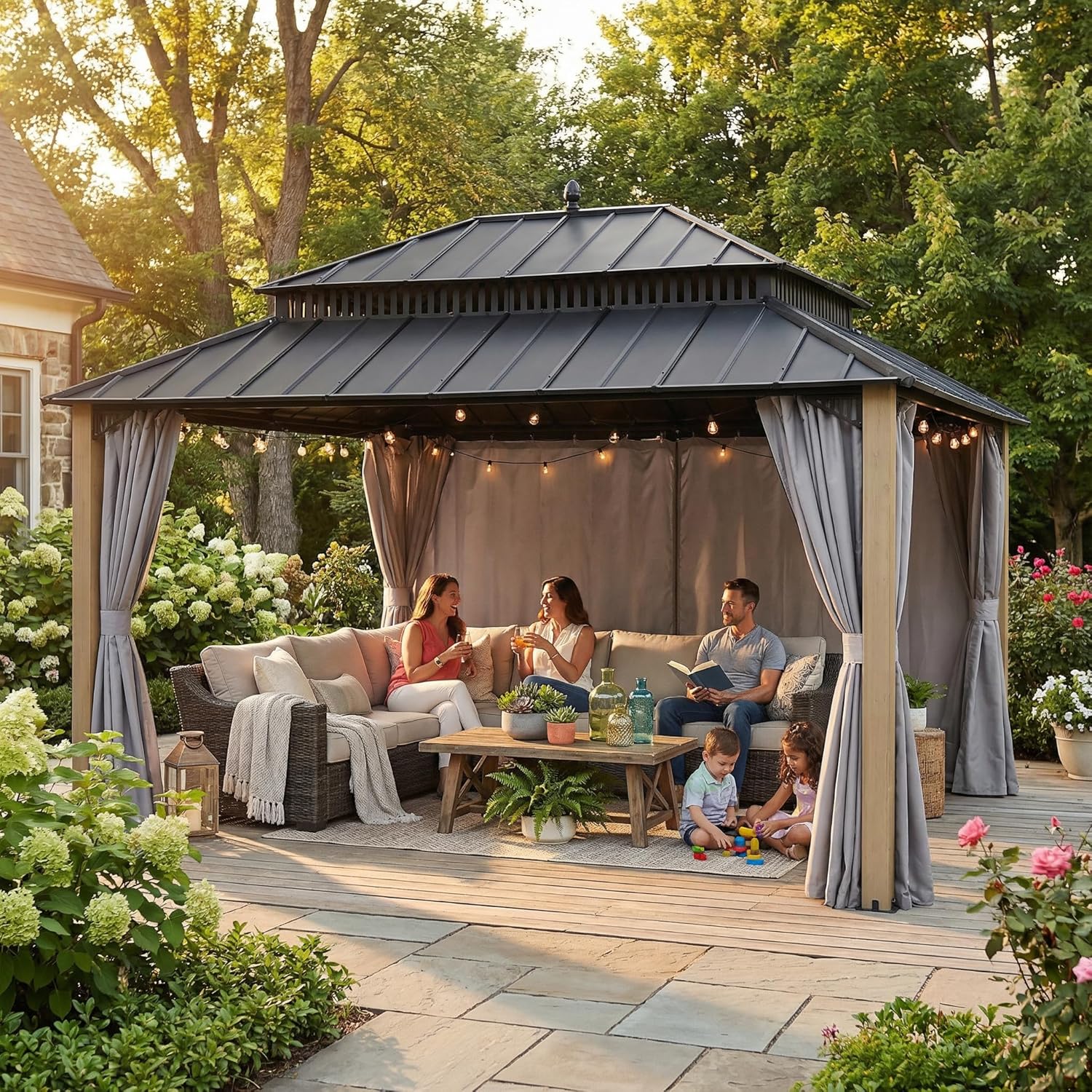 SUNJOY Kingston 16' x 12' Hardtop Wood Gazebo with Galvanized Steel Double Roof, Curtain and Netting, Cedar Posts Permanent Pavilion Gazebo for Garden, Patio, Deck, Lawn