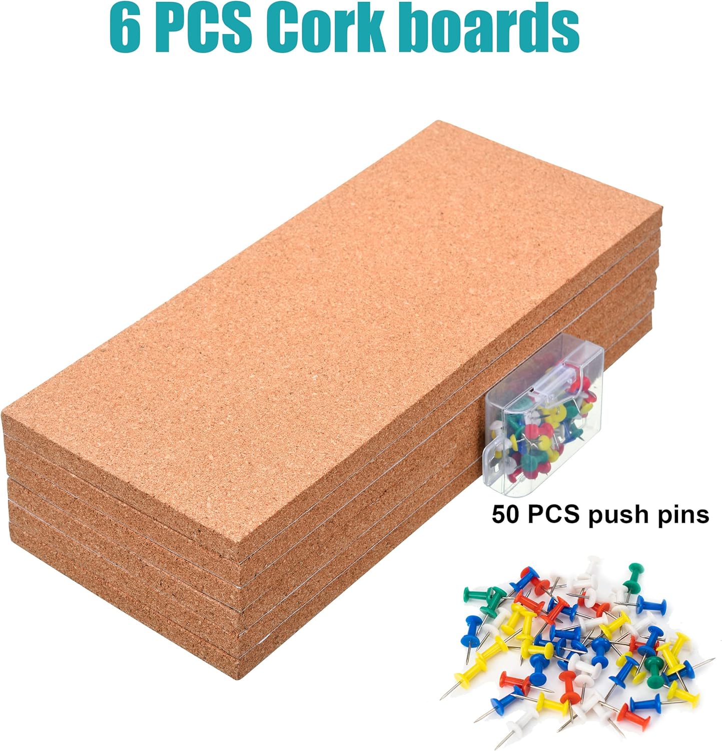 SUNGIFT Cork Bulletin Board 1/2" Thick Cork Boards 6 Pack Frameless Cork Tiles, 17 x 8 Inch, Self-Adhesive Corkboards Wall Decor with 50 PCS Pushpins for Office, School and Home