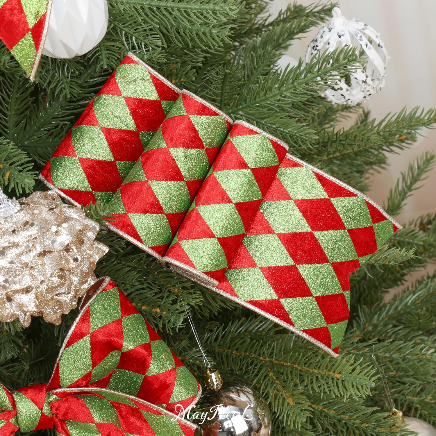 MAYREEL Red Crushed Velvet Wired Ribbon 4 Inch Extra Wide Christmas Ribbon with Lime Green Diamond Lattice Glitter, 10-Yard Roll for Christmas Tree, Wreaths, Crafts, Bows & Elegant Holiday Décor