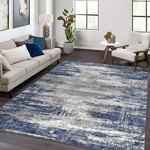 8X10 Area Rugs for Living Room Bedroom, Modern Abstract Blue Print Indoor Machine Washable Area Rug, Distressed Throw Non Slip Backing Runner Rug for Hallway Entryway