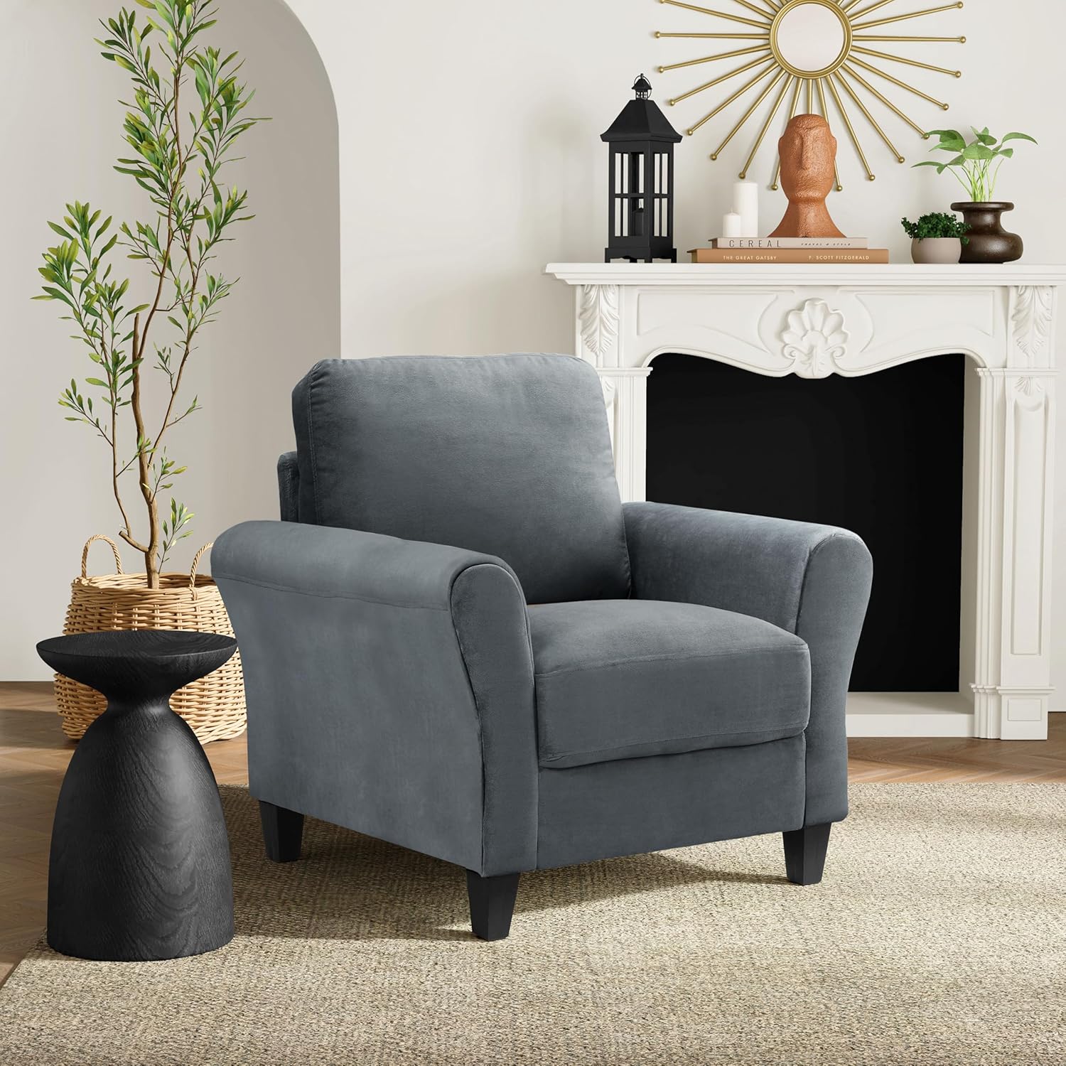 Studio Living® Watford 35.4" Arm Chair, Traditional Style, Pocket Coil Comfort, Black Legs, Microfiber Fabric, Dark Gray