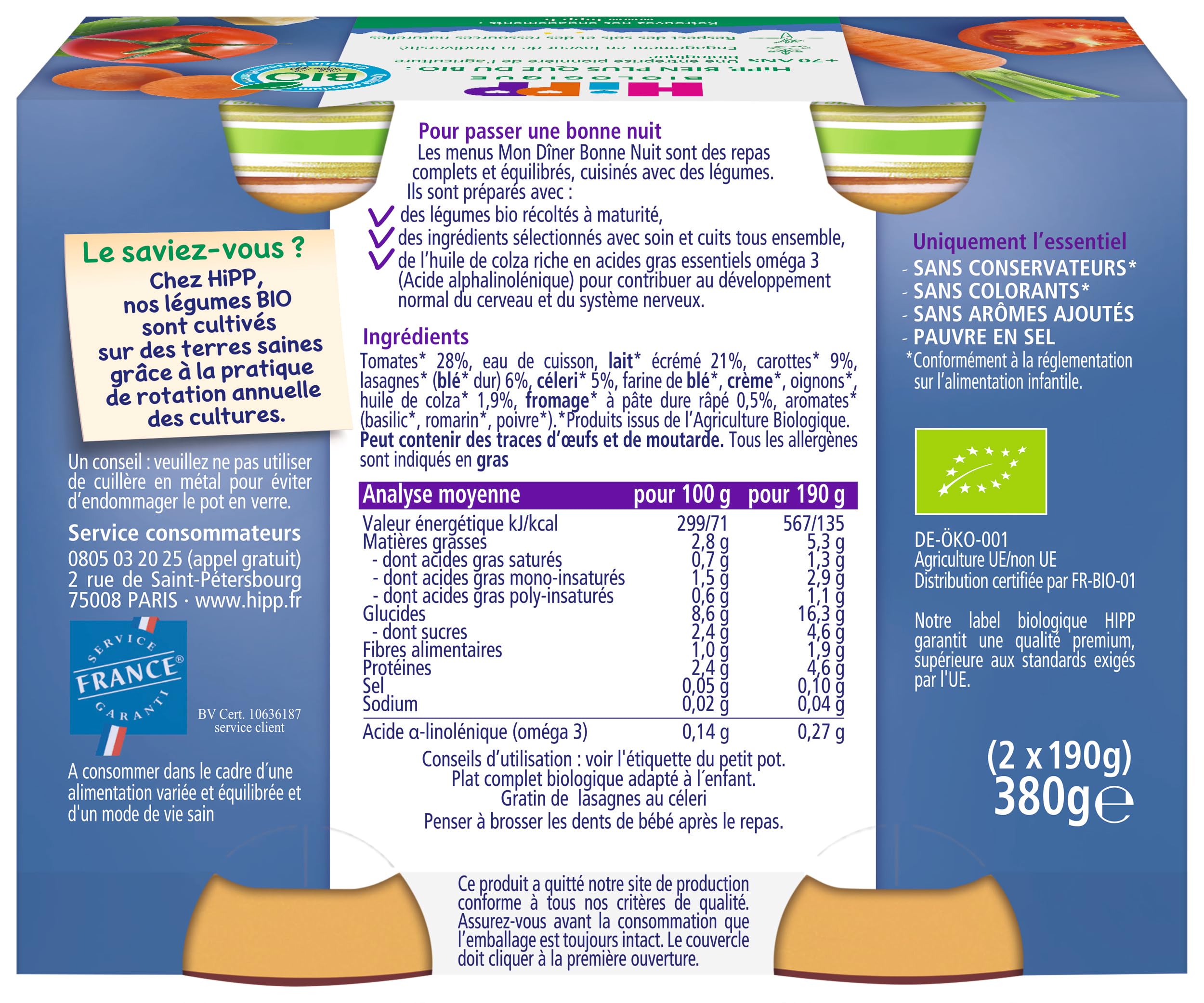 HiPP - Mon Dîner Bonne Nuit - Gratin de Lasagnes au Céleri - Pots 2x190g - Lot de 12 - BIOLOGIQUE