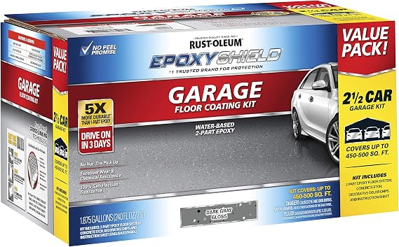 Rust-Oleum 365186 EPOXYSHIELD Garage Floor Coating Kit, 2.5 Car, Gloss Dark Gray