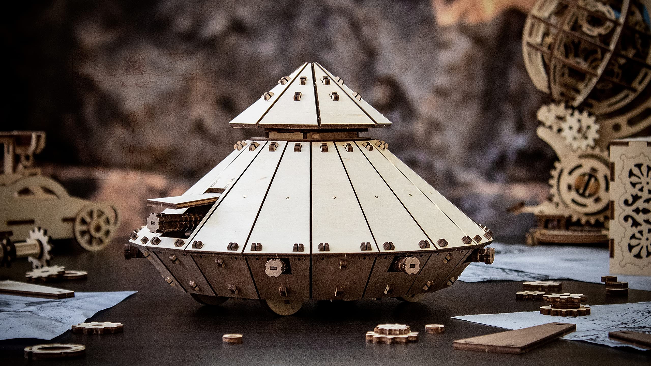 EWA Eco-Wood-Art - Tank de Leonardo Da Vinci - Puzzle 3D mécanique en Bois - Puzzle pour Adultes et Adolescents - Assemblage sans Colle - 278 pièces