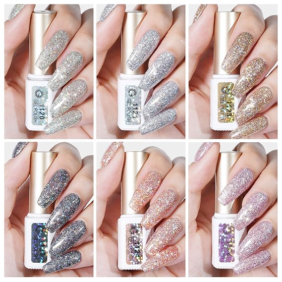 GAOY Chrome Platinum Glitter Nail Polish Set, 6 Colors Including Sparkly Shiny UV LED Soak Off Black Silver Pink Gel Polish Kit Home DIY Manicure Nail Salon Varnish