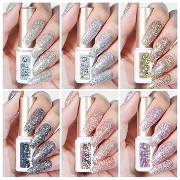 GAOY Chrome Platinum Glitter Nail Polish Set, 6 Colors Including Sparkly Shiny UV LED Soak Off Black Silver Pink Gel Polish Kit Home DIY Manicure Nail Salon Varnish