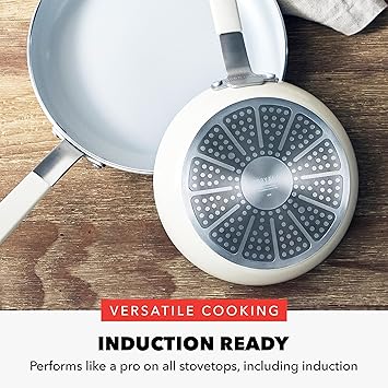 GreenPan x Bobby Flay 13 Piece Nonstick Cookware Pots and Pans Set, PFAS-Free Diamond Ceramic, Induction Suitable, Easy Clean Dishwasher & Oven Safe, Stay-Cool Silicone Handles, Glass Lids, Cream