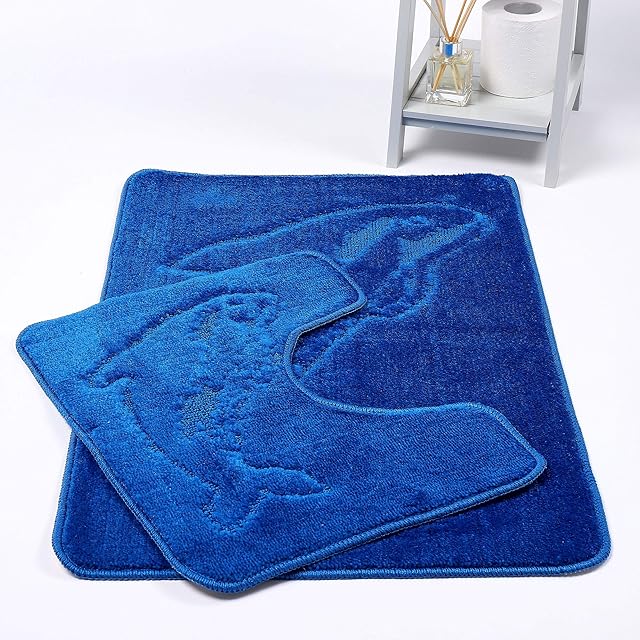 Dolphin Bath Mat Set 2 Piece Non Slip Pedestal and Bath Mat Set Toilet Bathroom Rug New (Royal Blue)