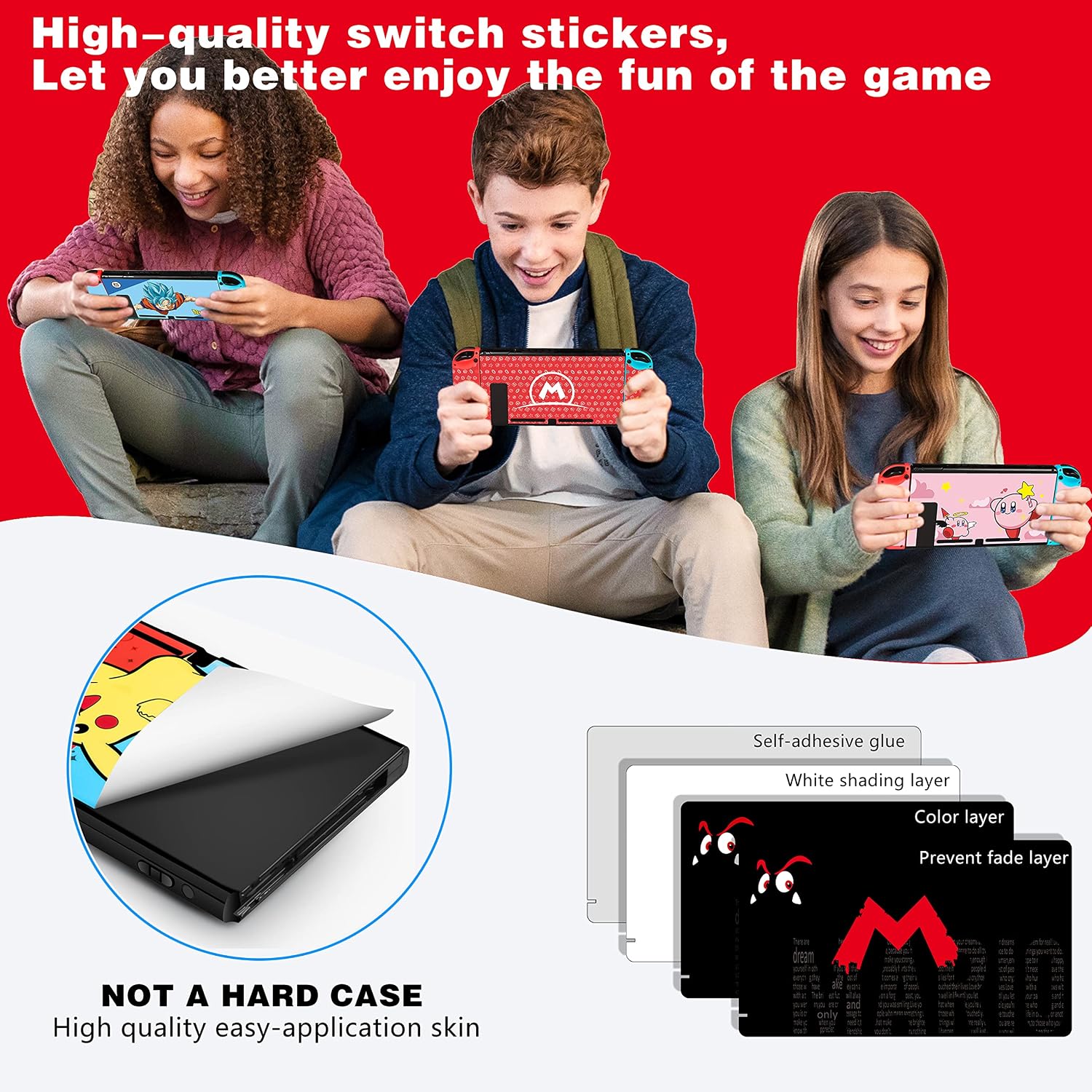 oqpa for Nintendo Switch Skin Cute Kawaii Cartoon Character Design Sticker, Fun Funny Fashion Cool Switch Game Skins for Girls Boys Kids Stickers+Tempered Glass Film for Nintendo Switch (Black M) image 5