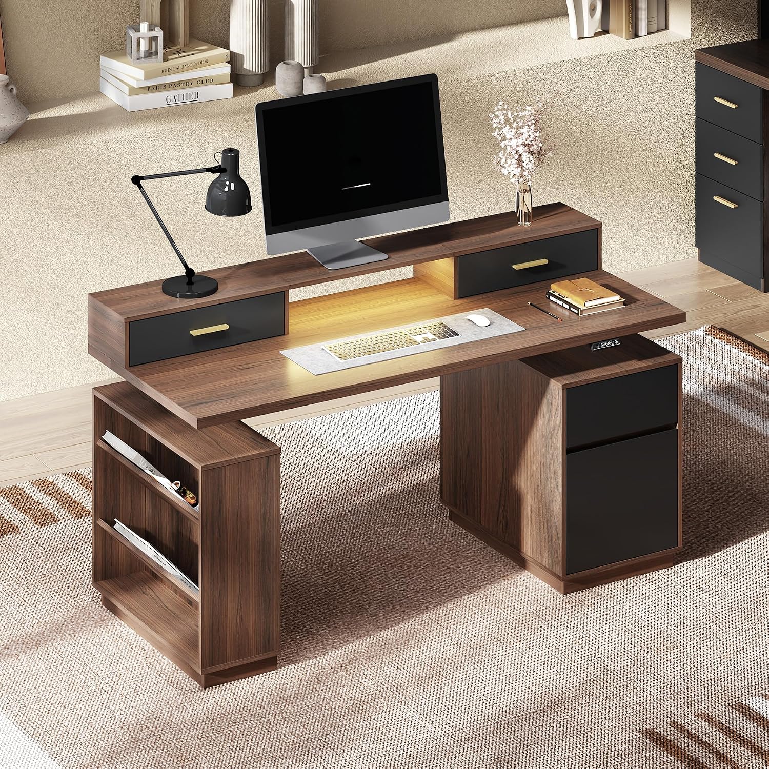 63″ Electric Executive Standing Desk with 4 Drawers, Height Adjustable Desk | Office Computer Desk with File Cabinet for Letter/A4, Power Outets, Monitor Stand, One-Piece 1.18″ Tabletop, 4000K LED