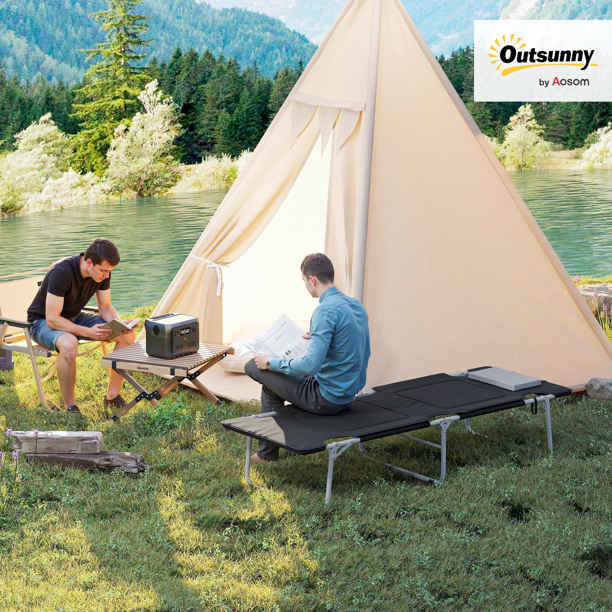 Outsunny Letto da Campeggio, Brandina Pieghevole e Imbottita con Cuscino, Nero 183 x 66 x 33cm
