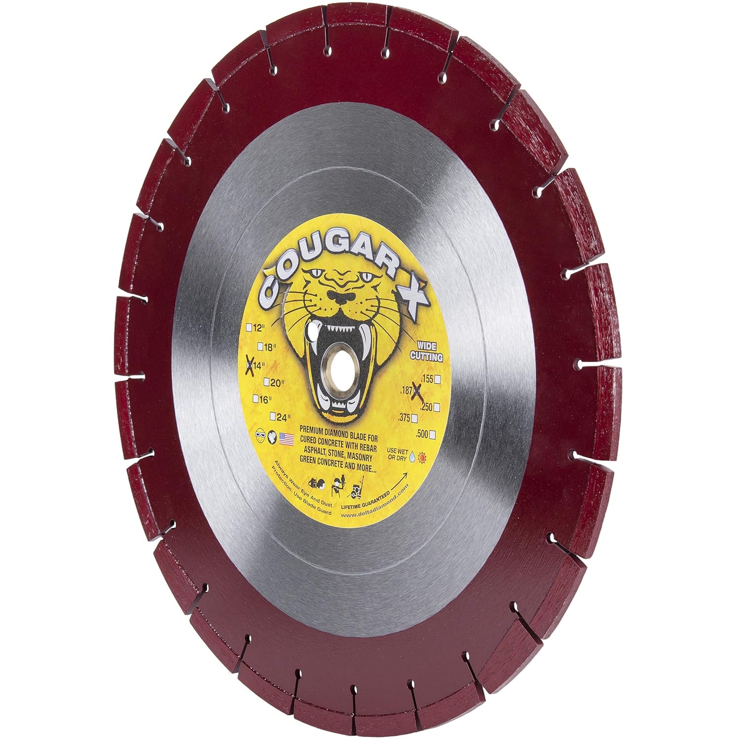 Delta Diamond CougarX 14 Inch X .250" Wide Diamond Saw Blade, 1"-20mm Arbor, General Purpose Extra Thick Segments for Concrete, Asphalt, Stone (14" X .250)