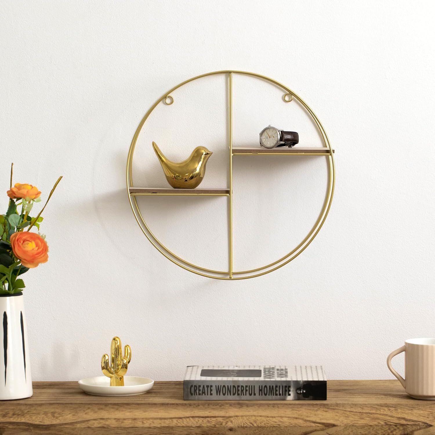 Vintiquewise Elegant 2-Tier Decorative Floating Circular Silhouette Wall Shelf - Circular Metal and Wood Wall-Mounted Shelf for Entryway, Bathroom, Bedroom, and Living Room Decor, Gold Finish image 4