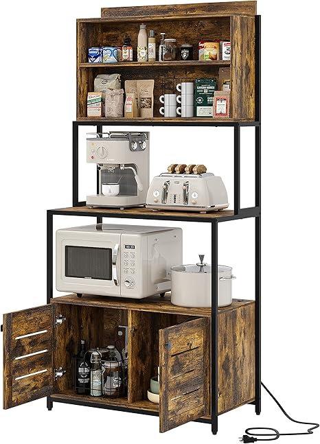 Furniouse 5-Tier Kitchen Bakers Rack with Power Outlet, Industrial Microwave Oven Stand with Shelves, Kitchen Utility Storage Shelf with Cabinet, Standing Kitchen Storage Rack, Rustic Brown