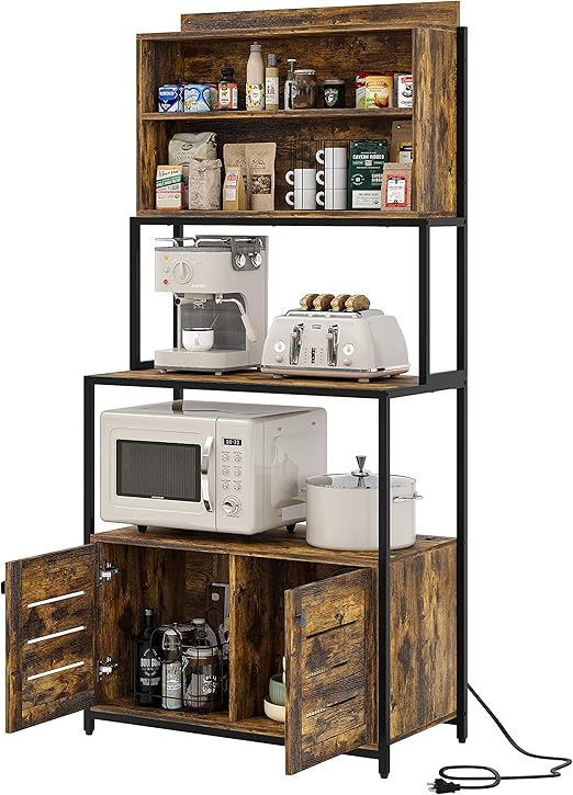 Furniouse 5-Tier Kitchen Bakers Rack with Power Outlet, Industrial Microwave Oven Stand with Shelves, Kitchen Utility Storage Shelf with Cabinet, Standing Kitchen Storage Rack, Rustic Brown