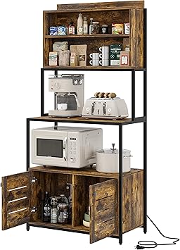 Furniouse 5-Tier Kitchen Bakers Rack with Power Outlet, Industrial Microwave Oven Stand with Shelves, Kitchen Utility Storage Shelf with Cabinet, Standing Kitchen Storage Rack, Rustic Brown