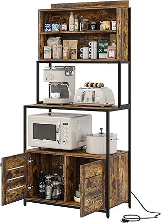 Furniouse 5-Tier Kitchen Bakers Rack with Power Outlet, Industrial Microwave Oven Stand with Shelves, Kitchen Utility Storage Shelf with Cabinet, Standing Kitchen Storage Rack, Rustic Brown