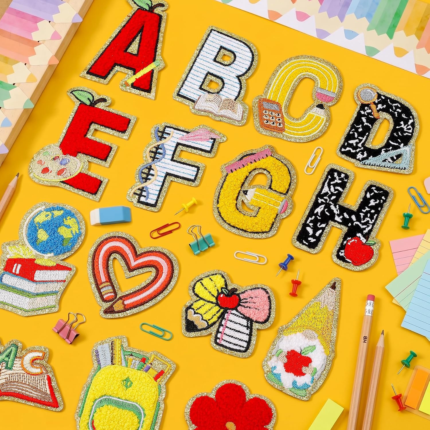 72 Pcs Back to School Patches for Girls Chenille Patches Self Adhesive,Include 52 A-Z Chenille Letter Patches Stick on,20 Crayon Pencil Apple Sticker Patch Embroidered for Clothing Backpack Hat Jacket