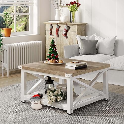 Miniatura 8 de YITAHOME Mesa de centro de granja, mesa de centro cuadrada para sala de estar, mesa de sala de estar vintage con estante, mesa de centro con