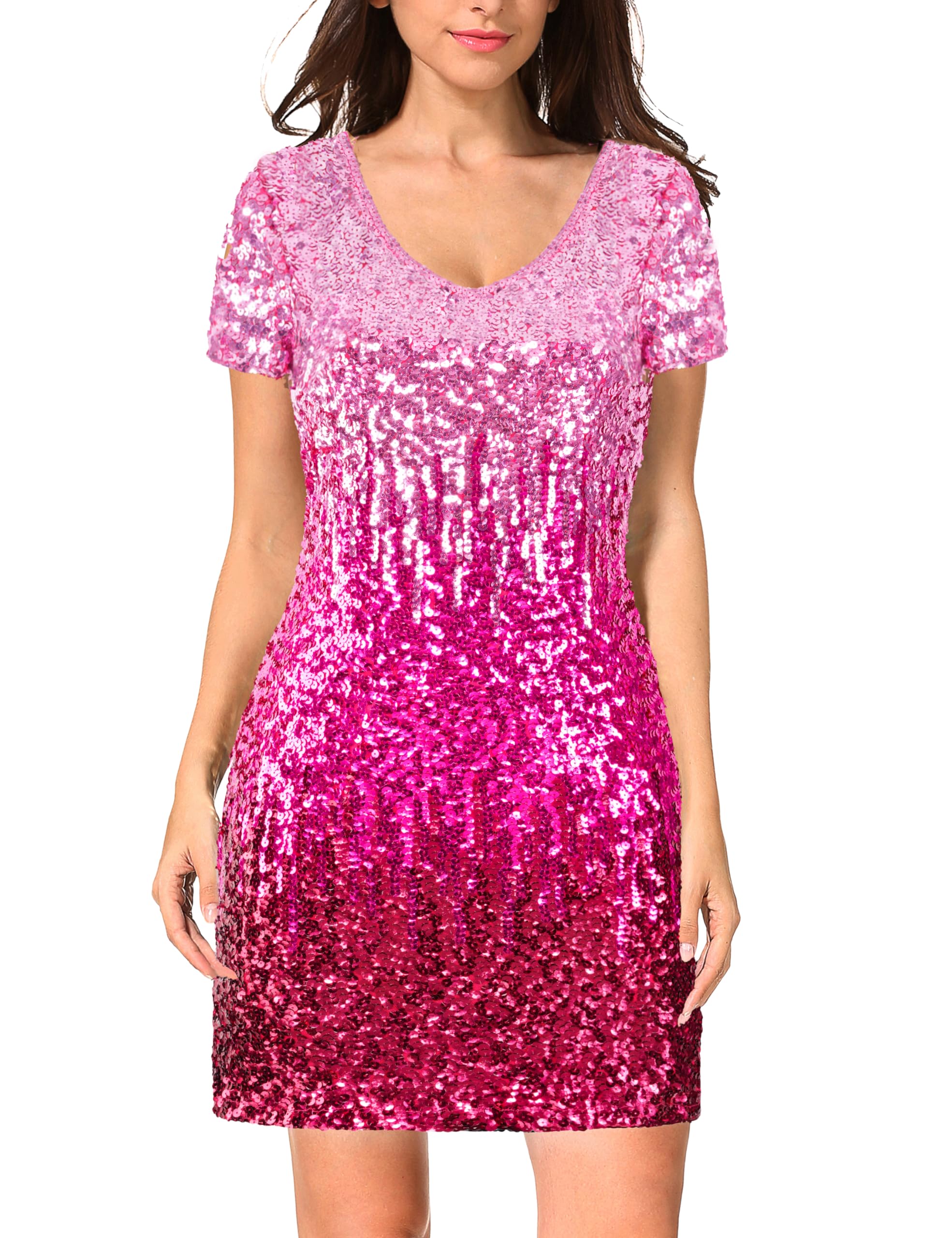 MANER Women's Sequin Glitter Short Sleeve Dress Sexy V Neck Mini Party Club Bodycon Dresses
