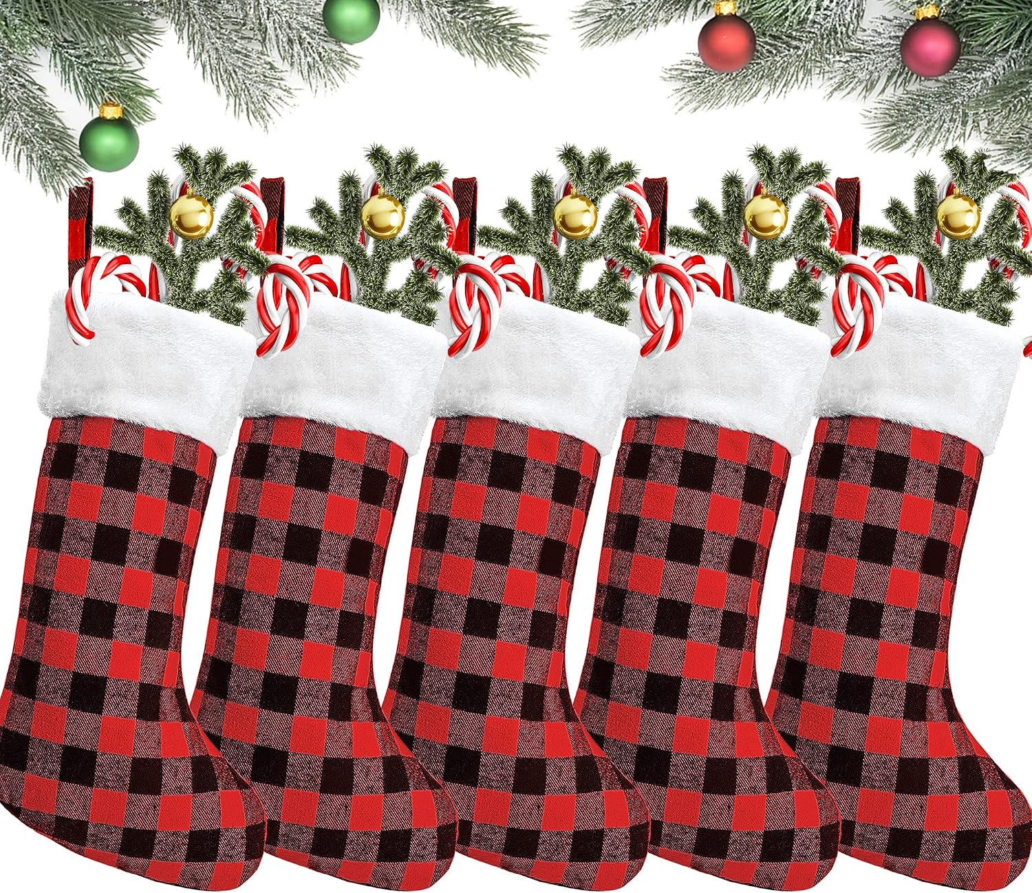 Iceyyyy Christmas Stockings - 16.5 Inch Red and Black Buffalo Plaid Christmas Stockings Ornament with Plush Cuff for Family Holiday Xmas Party Decorations (5Pcs)