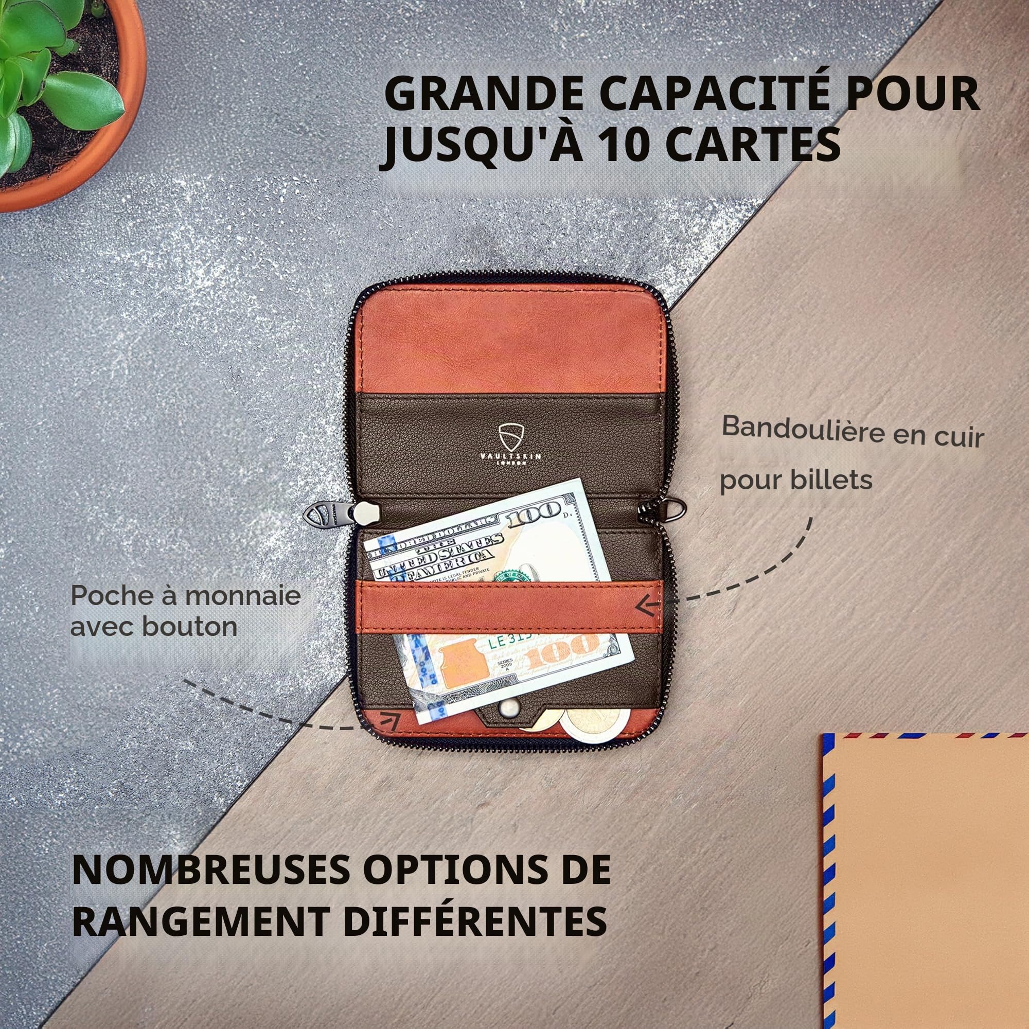 Vaultskin Notting Hill Portefeuille Slim en Cuir avec RFID, Marron