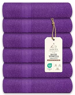 ASTILTEX Large Bath Towels Pack of 6 – 24" x 50", 100% Cotton Terry – Soft, Quick-Dry & Highly Absorbent – Purple Towels for Bathroom, Spa, Shower, Pool & Daily Use