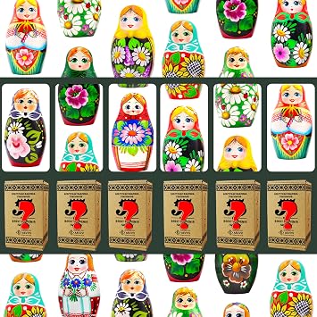 AEVVV Lot of Random 6 Sets of 5 pcs Traditional Russian Nesting Dolls - Handmade Wooden Matryoshka Stacking Dolls - Folk Art Babushkas Russian Matrioskas Rusas