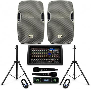 MUSYSIC 4500W PA System Package, 15" DJ Speakers, amp, Bluetooth Mic Mixer