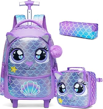 HTgroce 3PCS Rolling Backpack for Girls, Kids Roller Wheels Bookbag, Wheeled School Bag with Lunch Bag
