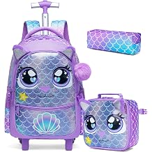 HTgroce 3PCS Rolling Backpack for Girls, Kids Roller Wheels Bookbag, Wheeled School Bag with Lunch Bag