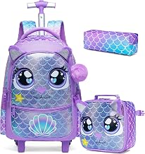 HTgroce Elementary School Wheeled Backpacks, Mermaid Backpacks with Stroller, Suitable for Travel, for 6 Year Old Girls.