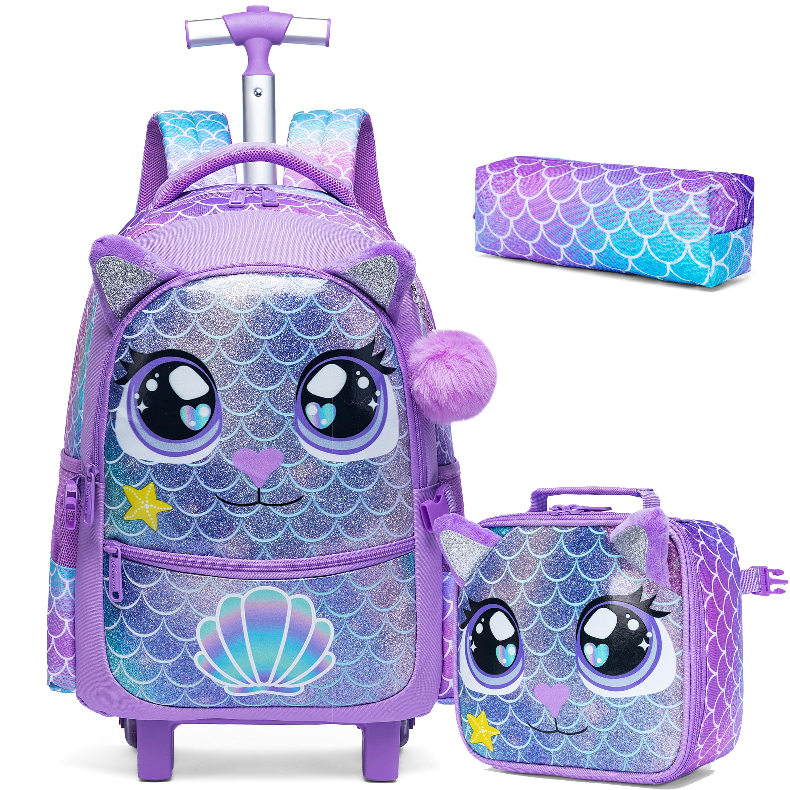 HTgroce Mochilas Escolares con Ruedas para Primaria, Mochilas de Sirena con Carrito, Adecuado para Viajes, para Niñas de 6 Años.
