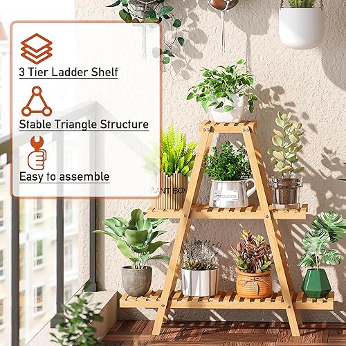 Miniatura 6 de GHWIE - Soporte para plantas de interior y exterior, estante de bambú para plantas, soporte de 3 niveles en escalera, soporte para flores para sala