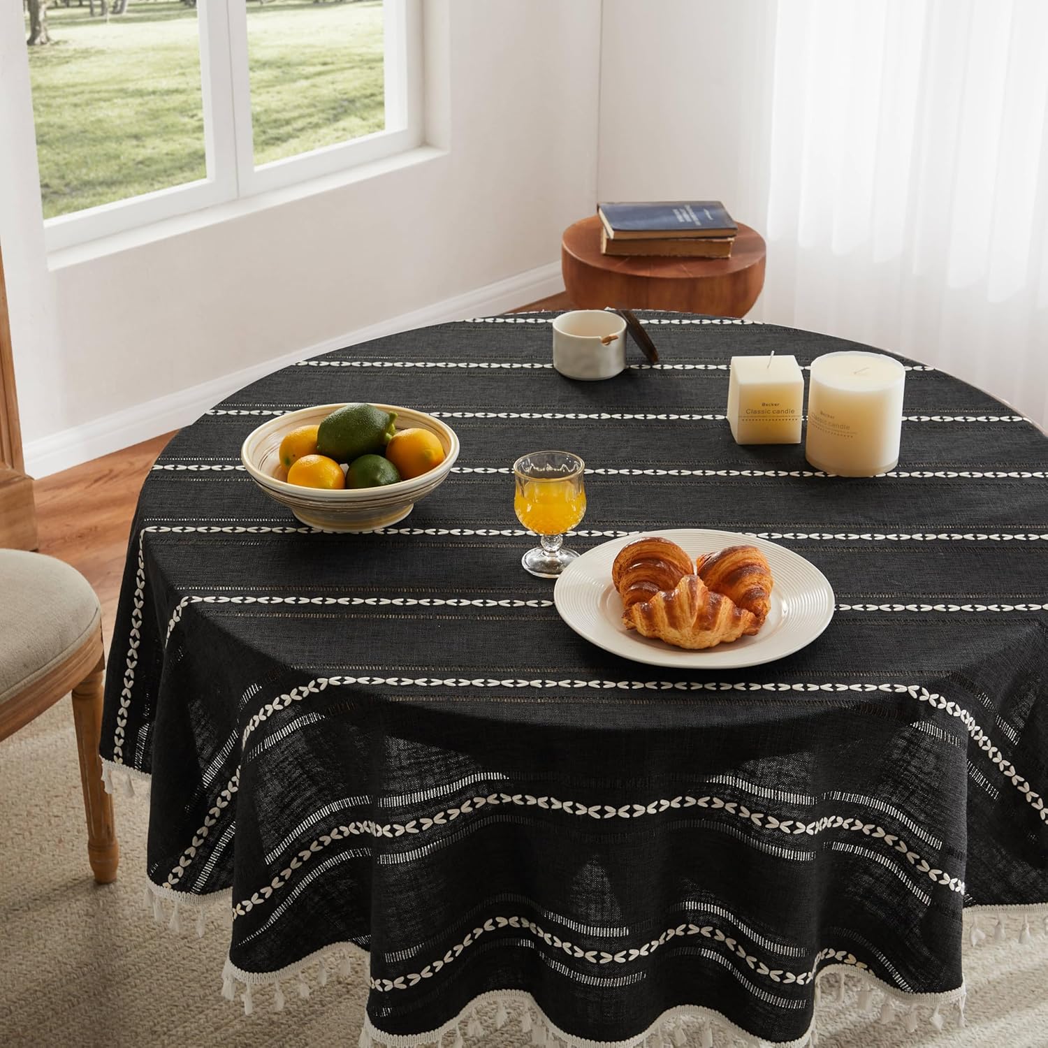 ZeeMart Hemstitched Embroidery Striped Boho Tablecloth 60 Inch Round Black, Heavy Weight Farmhouse Burlap Linen Black Tablecloth, Wrinkle Resistant Washable Table Cloth for Round Table