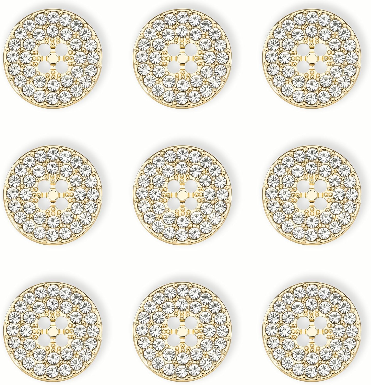 12-Pack Round 4-Hole Full Rhinestone Buttons Shiny Back, Crystal-Front Design for Clothing & Crafts Button for Coat Dress (Gold, 25mm(40L))