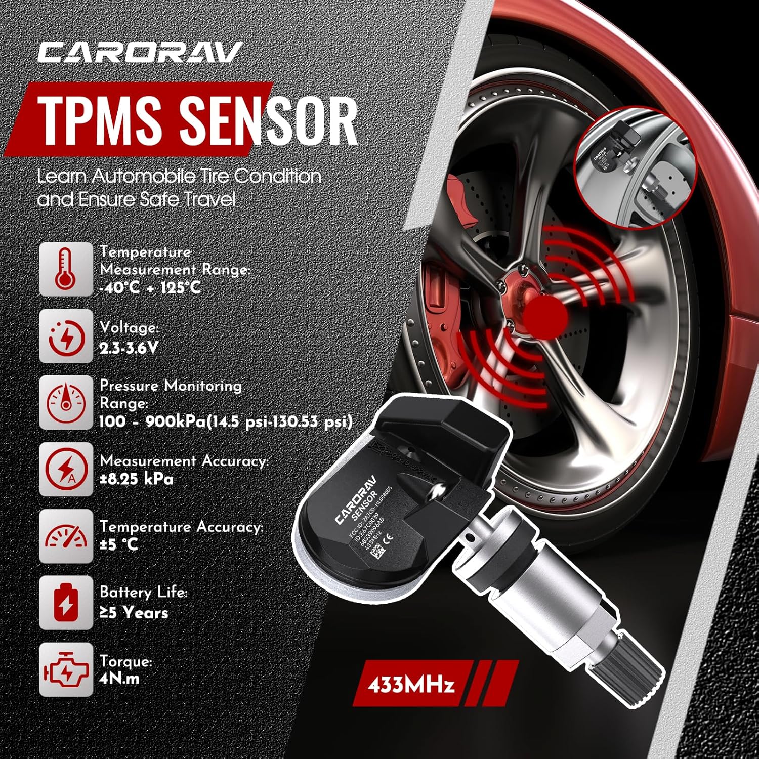 TPMS Sensor, Tire Pressure Monitoring System Sensor fit for Jeep Gladiator Grand Cherokee Wagoneer Wrangler JT, 4PCS Replace 68339096AB 68339096AA 433Mhz - 4 Replaceable Valve Stems