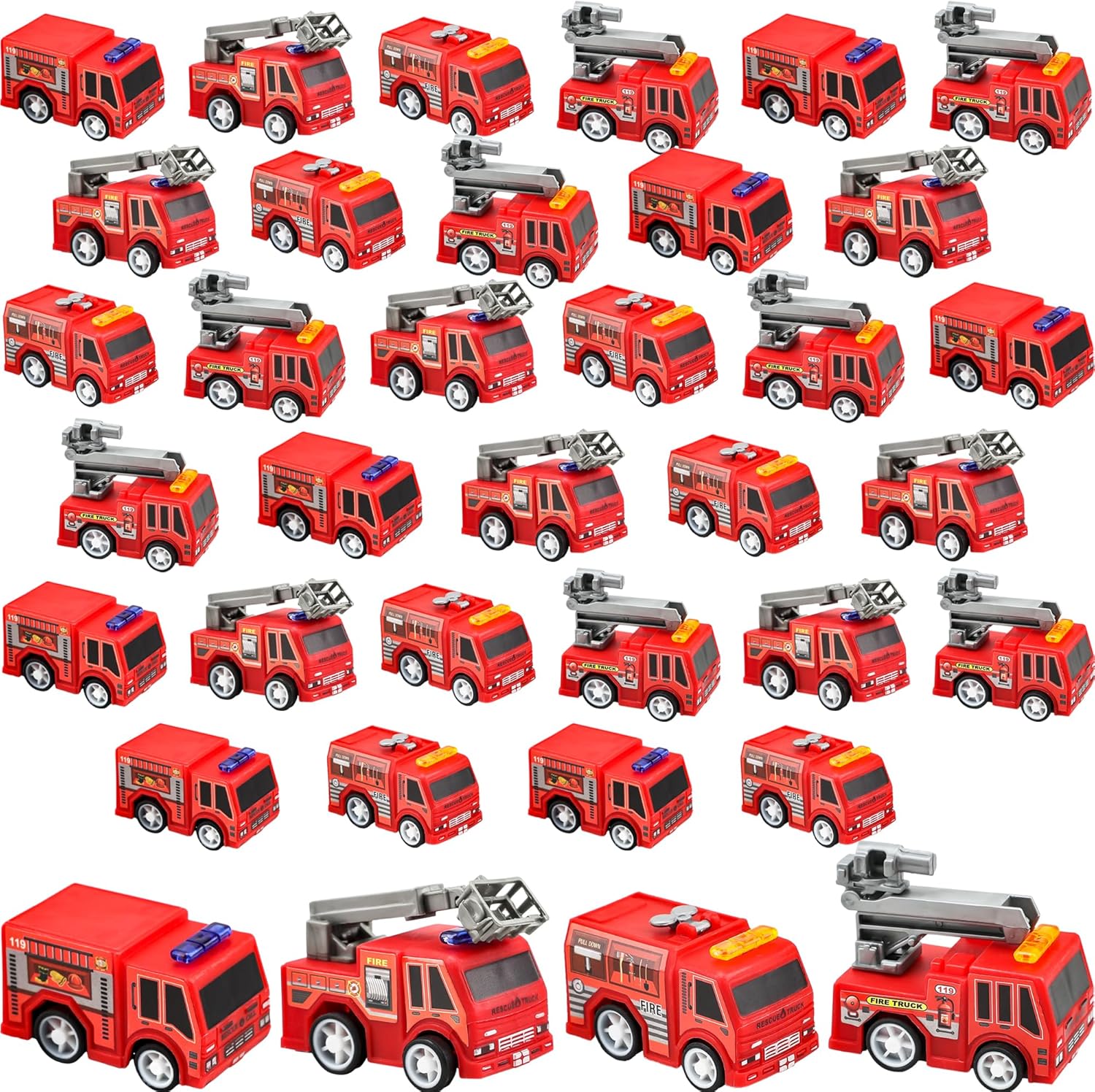 36 Pcs 4 Styles Mini Pullback Fire Truck Toy Small Pull Back Firetrucks Toy Bulk Plastic Firetruck and Fireman Toy Set for Kids Firefighter Birthday Party Supplies