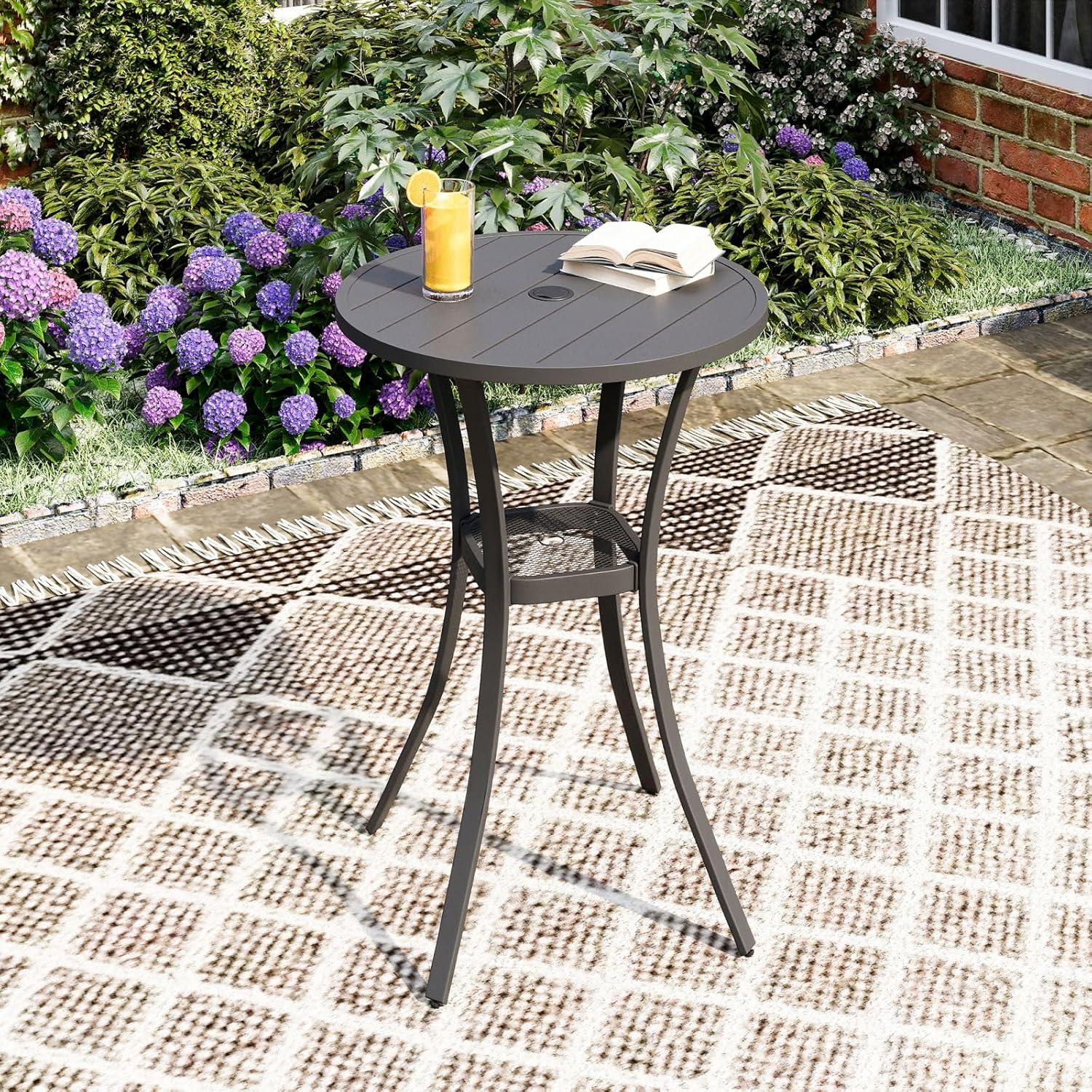 DIFY Patio Bar Height Table, Grey 28" Round Outdoor Pub Table with 1.57" Umbrella Hole for Bistro, Garden, Poolside and Balcony