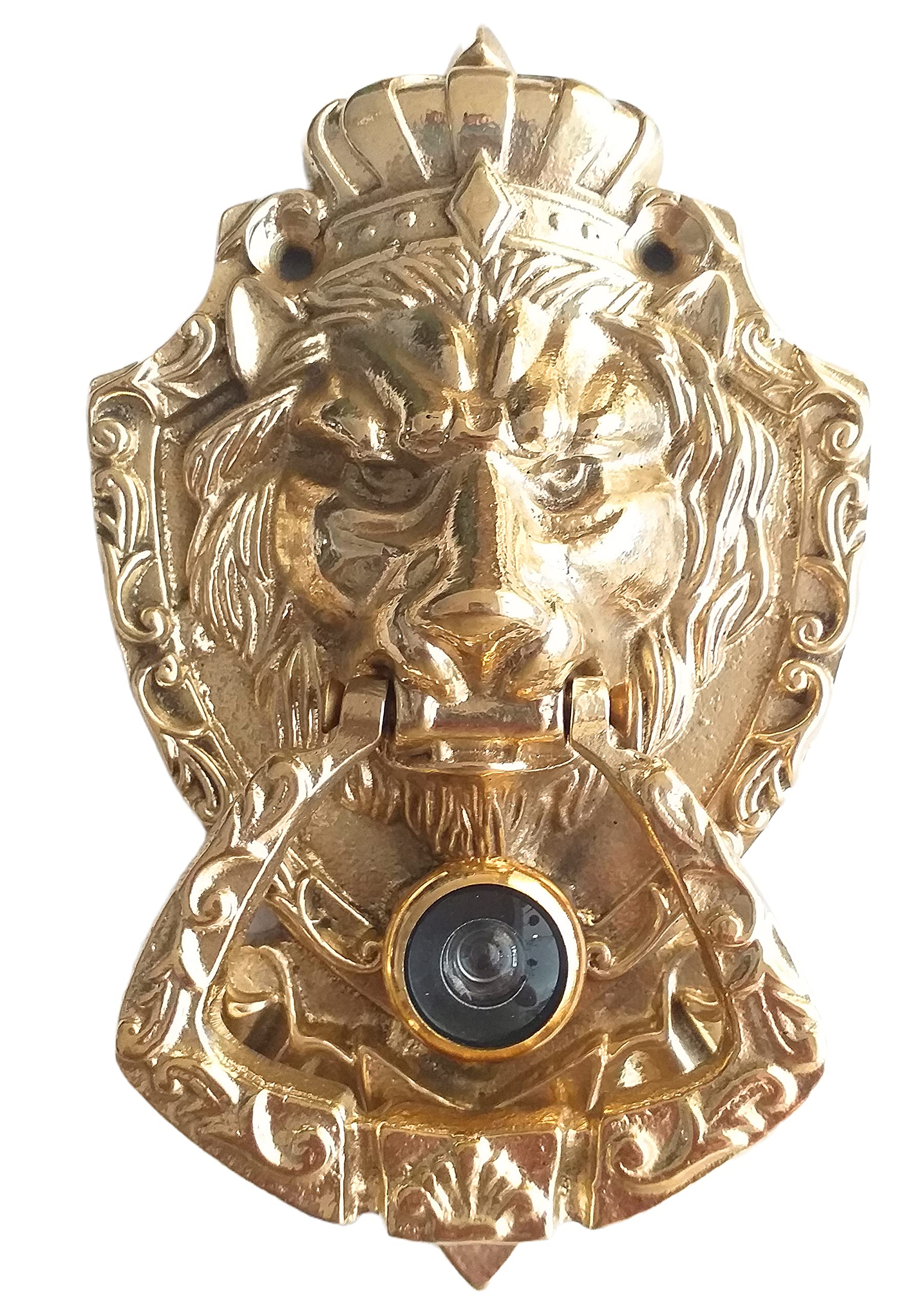 Anatolica Crowned Lion Door Knocker with Spy Hole,Viewer,Peephole, Solid Brass 6.3 inches(Polished Brass)