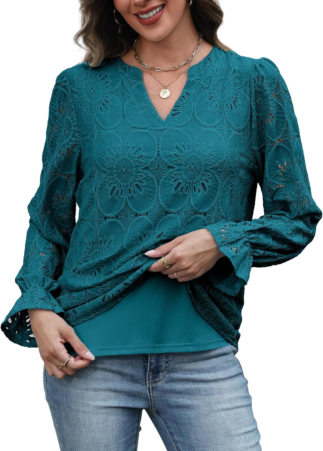 RUMIA Womens Blouses V Neck Eyelet Lace Tops with Lining Dressy Sheer Long Sleeve Shirts Embroidered Blouses 2025 Fashion - Image 4