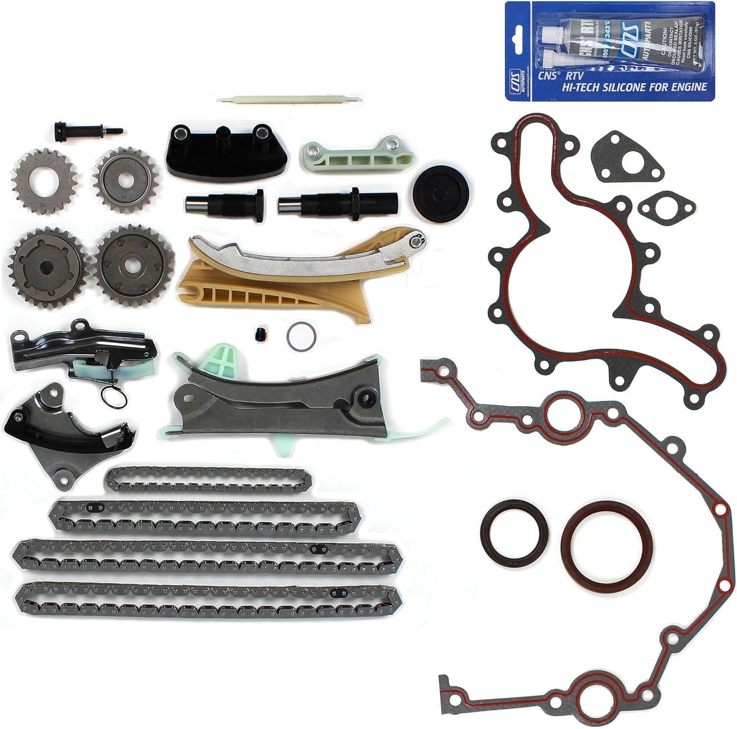 CNS Timing Chain Kit, Cover Gasket Set, Front Oil Seal Compatible with 97-11 Ford/Mercury 4.0L (4015cc/245cid) SOHC V6 12V, VIN Code E, K, N (8th Digit of VIN)