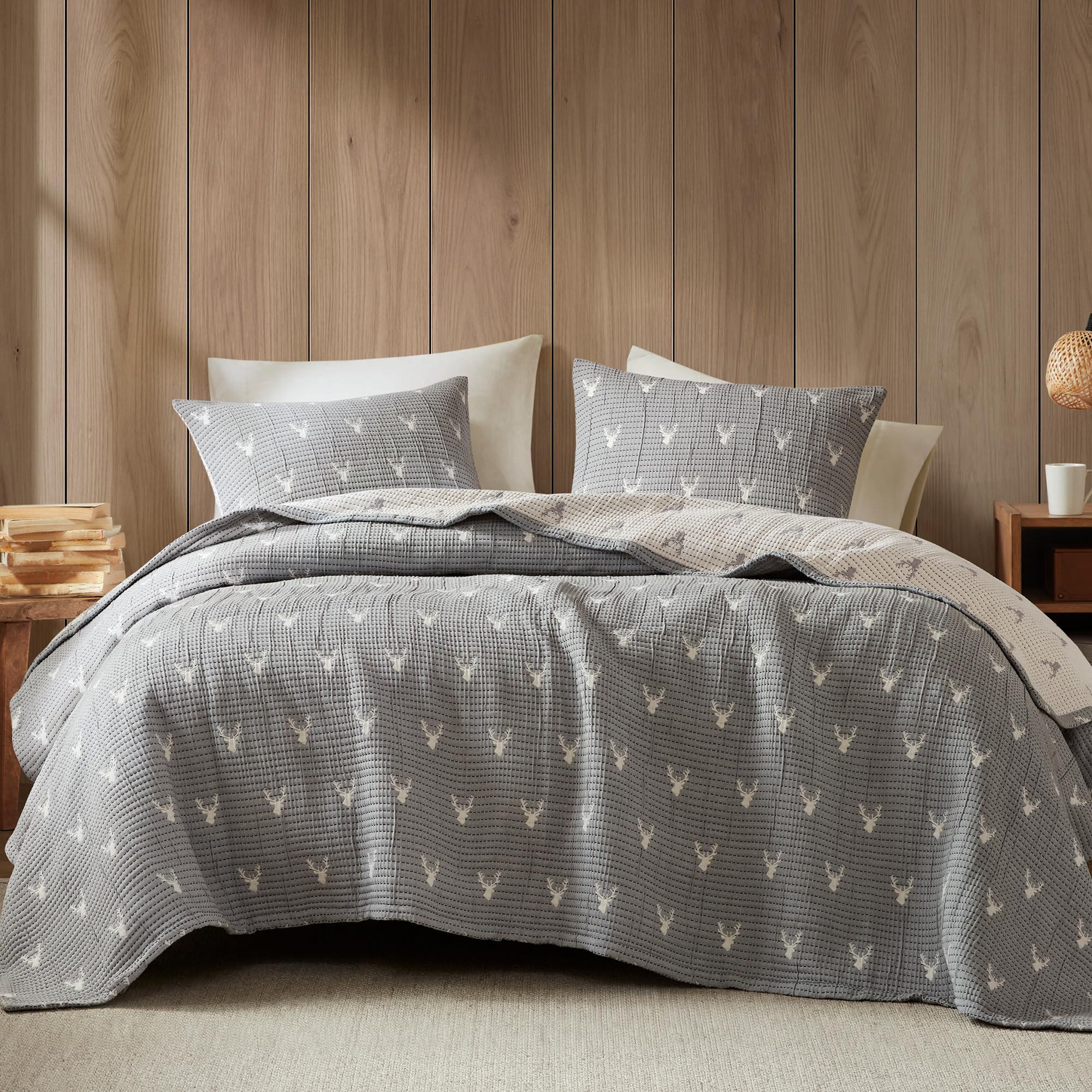 woolrich coverlet set rustic lodge design, 3 piece set all season, lightweight reversible farmhouse bedspread bedding, shams, king/cal king, gray
